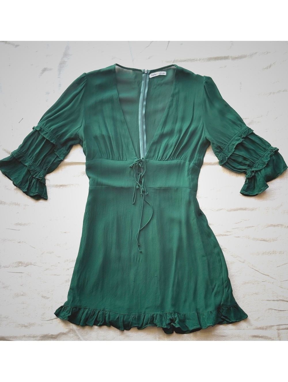 Reformation Green Viscose Mini Dress with Ruffle Sleeves Size 10 #fallfashion